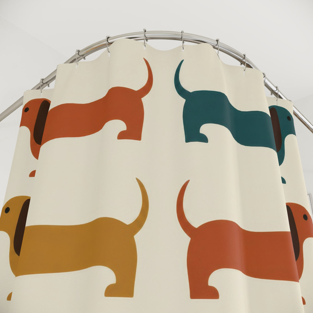 Mid century colorful dachshund shower curtain with close-up print, hooks, and folds
