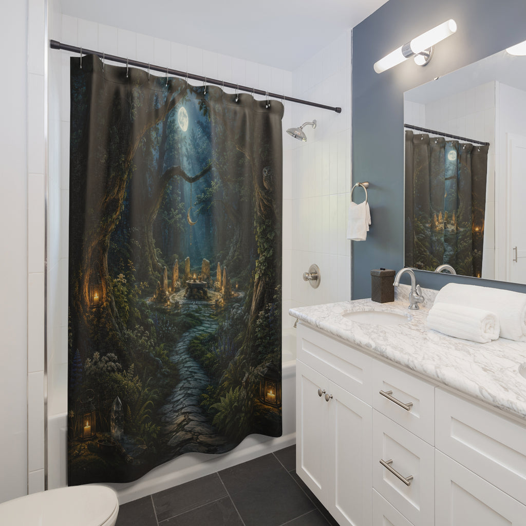 Wiccan moonlit stone circle grove with owl and lanterns shower curtain beside a white vanity