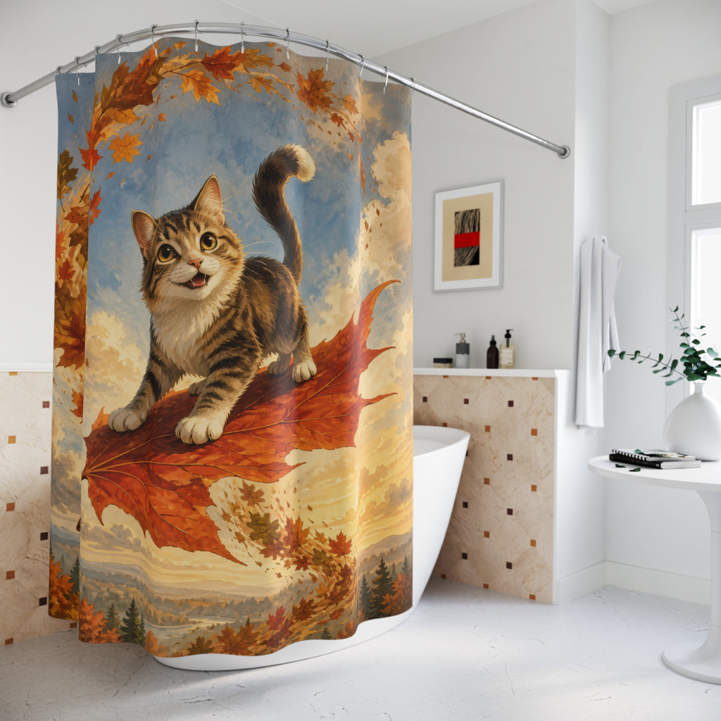 Cat surfing a giant maple leaf through autumn foliage shower curtain beside a freestanding tub