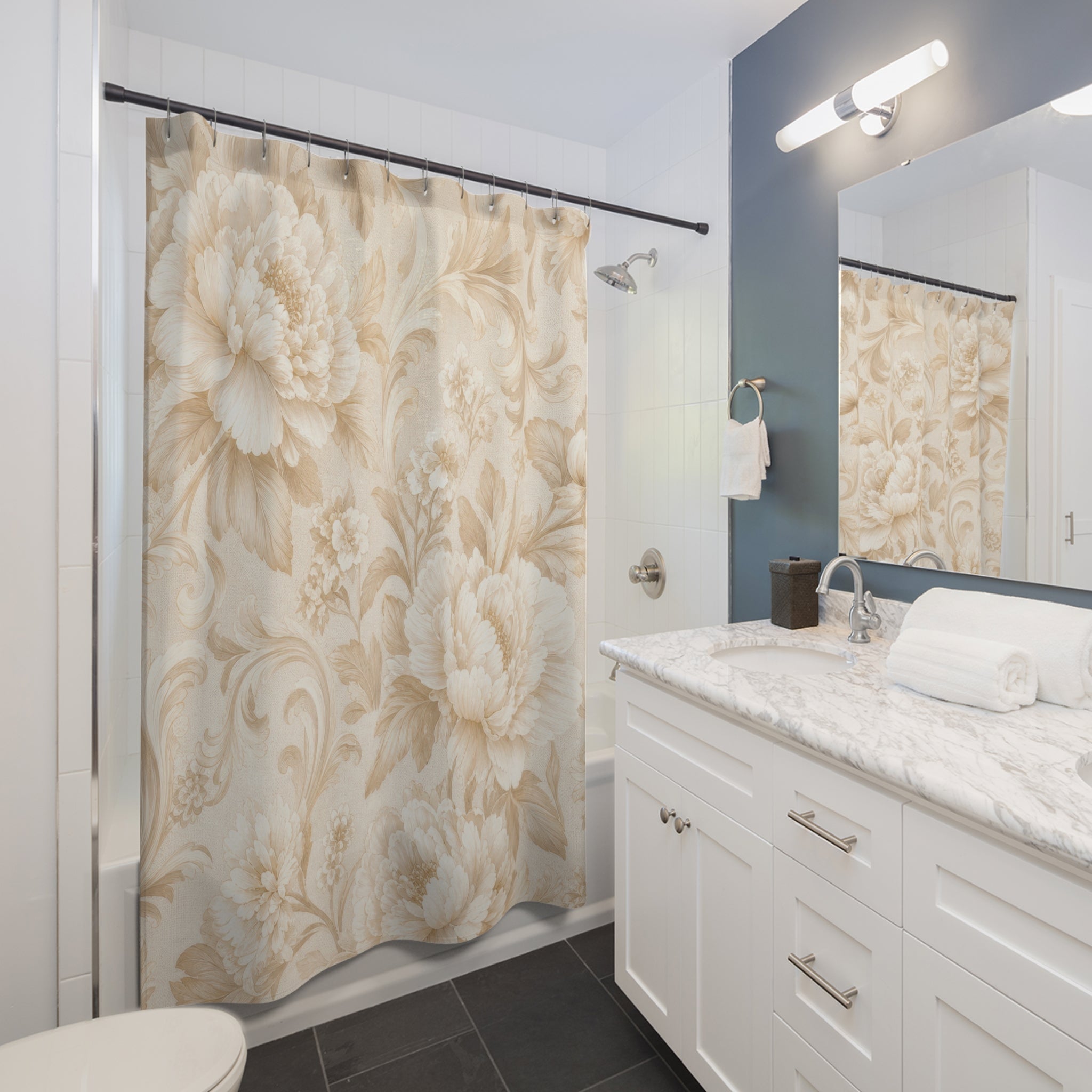 Elegant Beige Shower Curtain: Cream Floral Botanical Pattern