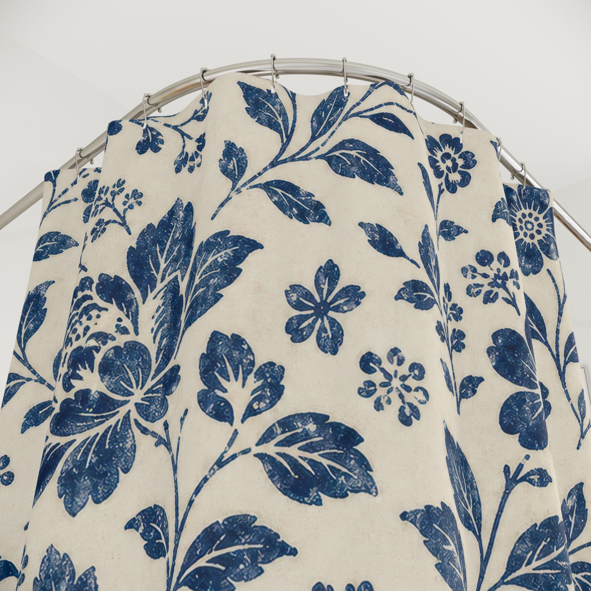 Navy Blue Botanical Flower Shower Curtain