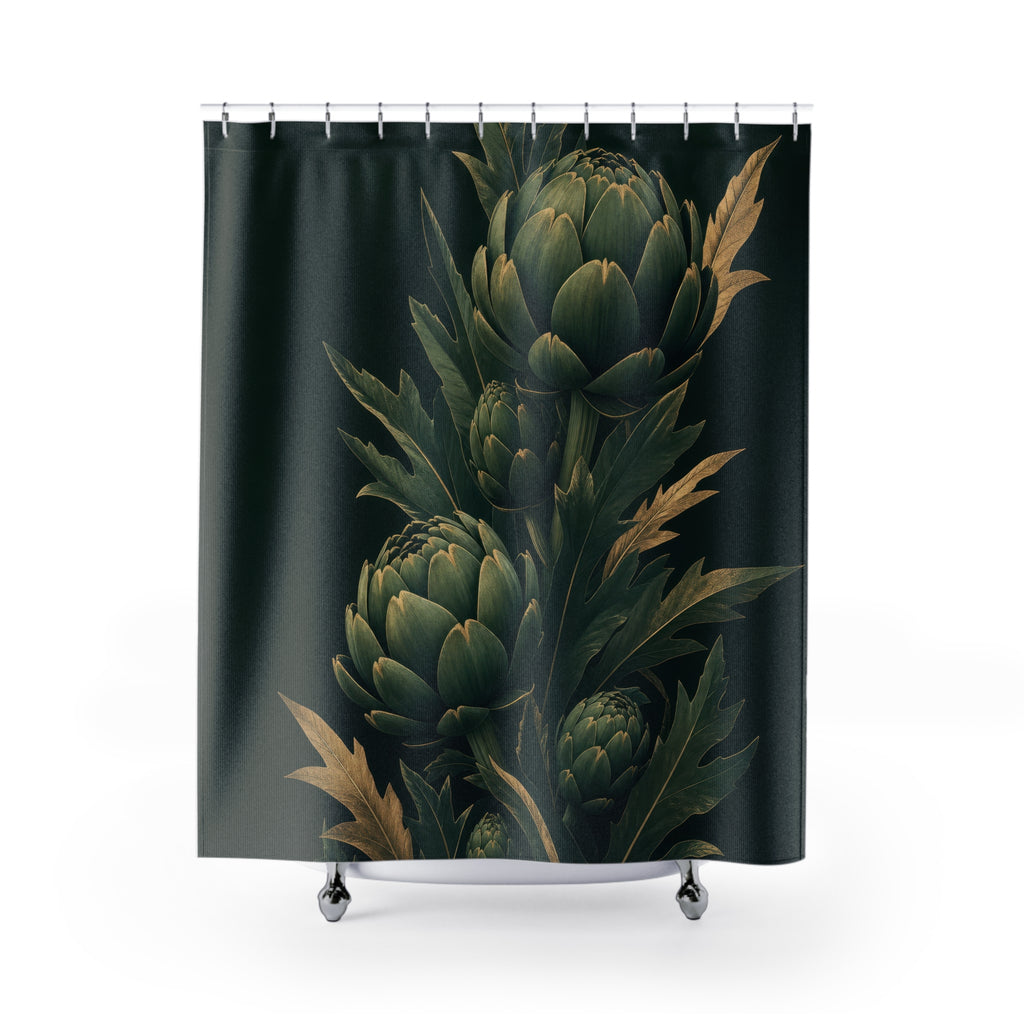 Dark Green Artichoke Botanical Shower Curtain