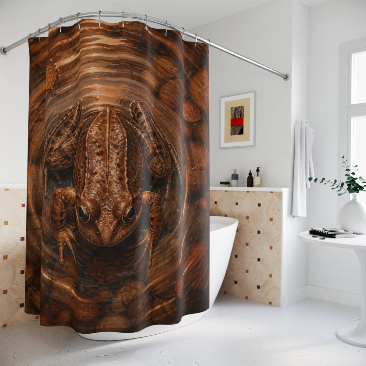 Brown frog centered in copper pond ripples shower curtain beside a freestanding tub