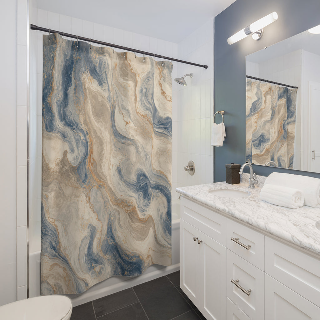 Blue Marble Shower Curtain, Cream Beige Stone Abstract Pattern, Spa Bathroom Decor, Serene Blue Spa Wall Decor Guest Bath Wall Gift