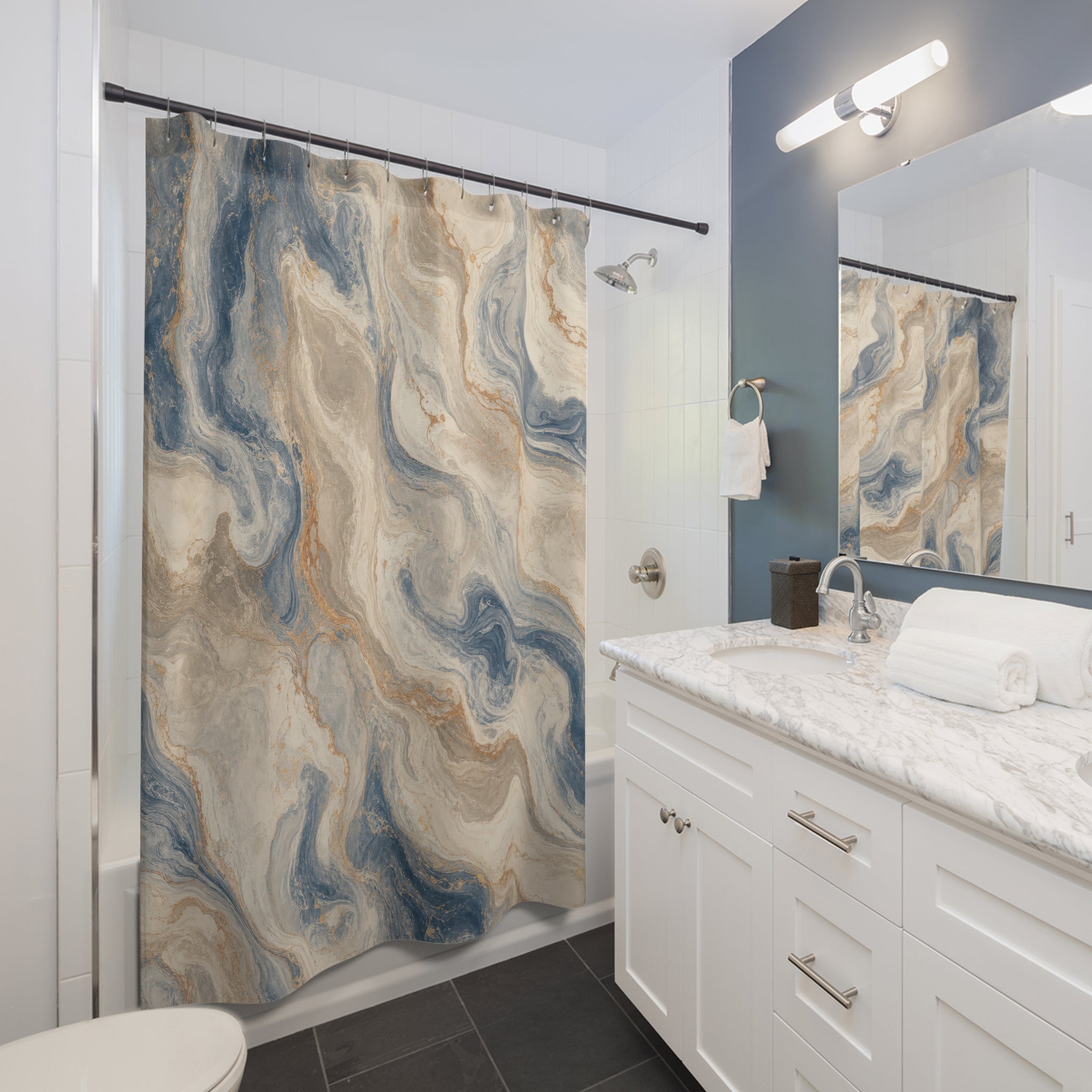 Blue Marble Shower Curtain, Cream Beige Stone Abstract Pattern, Spa Bathroom Decor, Serene Blue Spa Wall Decor Guest Bath Wall Gift