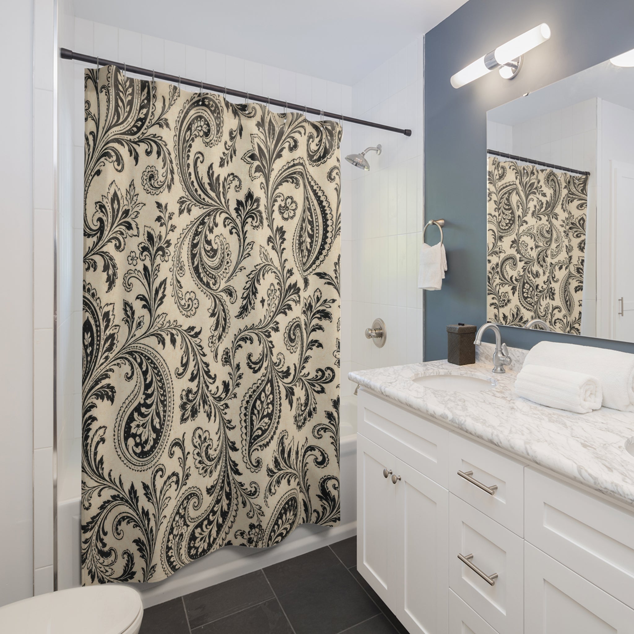 Black Cream Ornate Scroll Shower Curtain