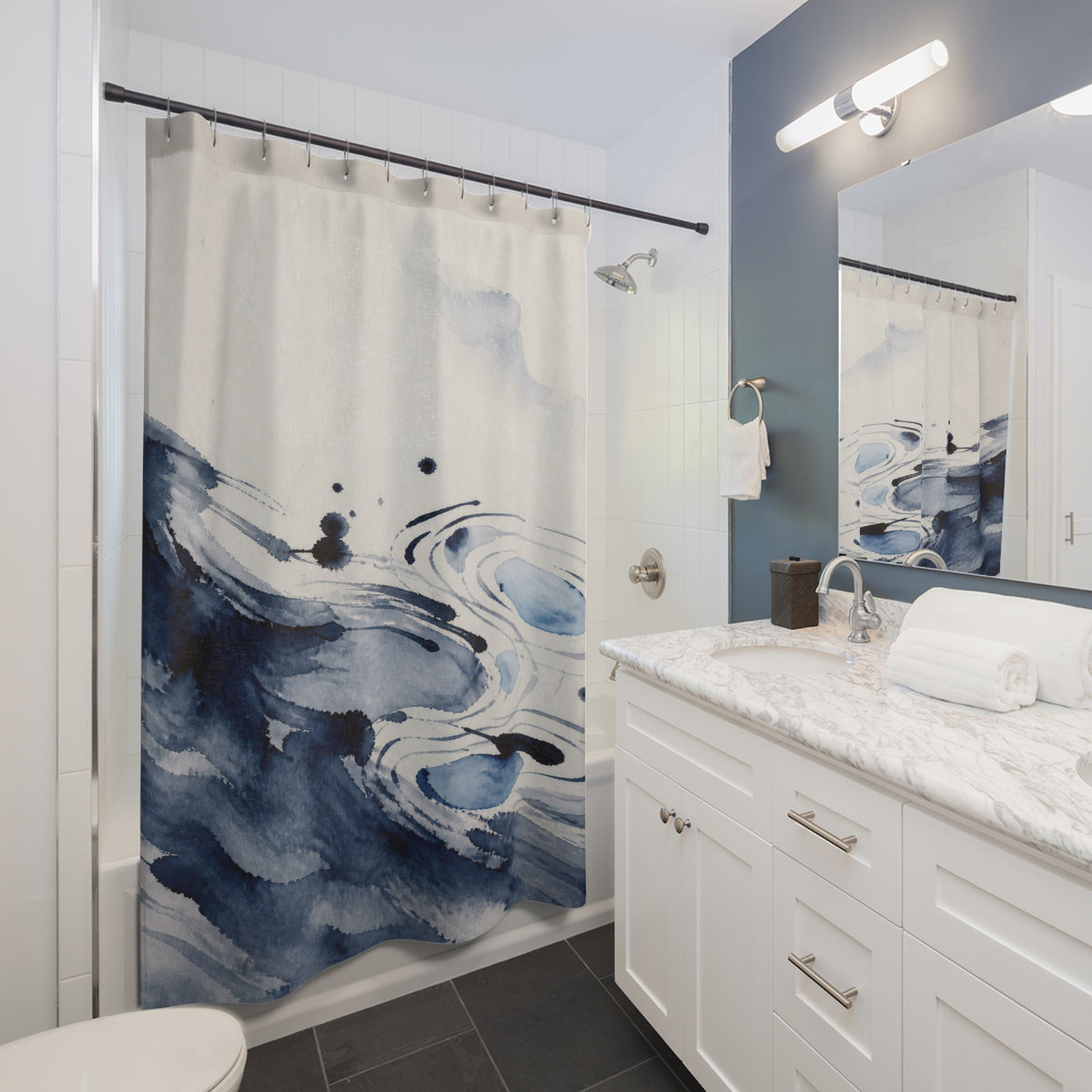 Blue Watercolor Abstract Bathroom Decor Navy Blue Bath Curtain shower curtain beside a freestanding tub