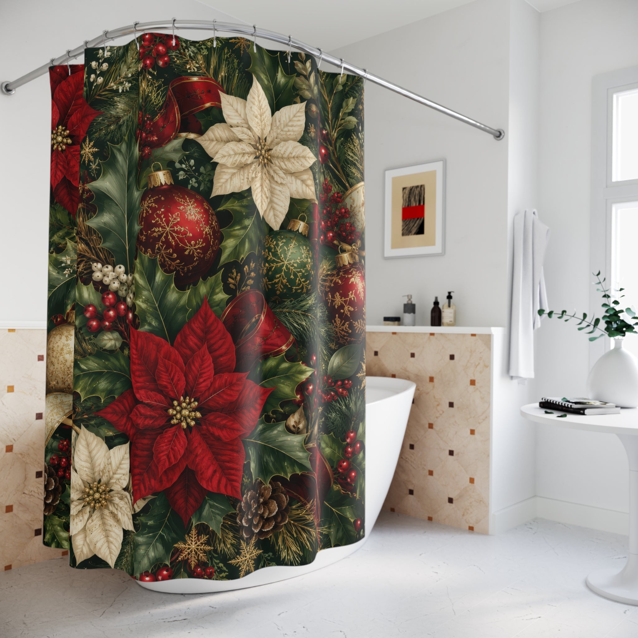 Christmas Shower Curtain: Red Green Gold Poinsettia