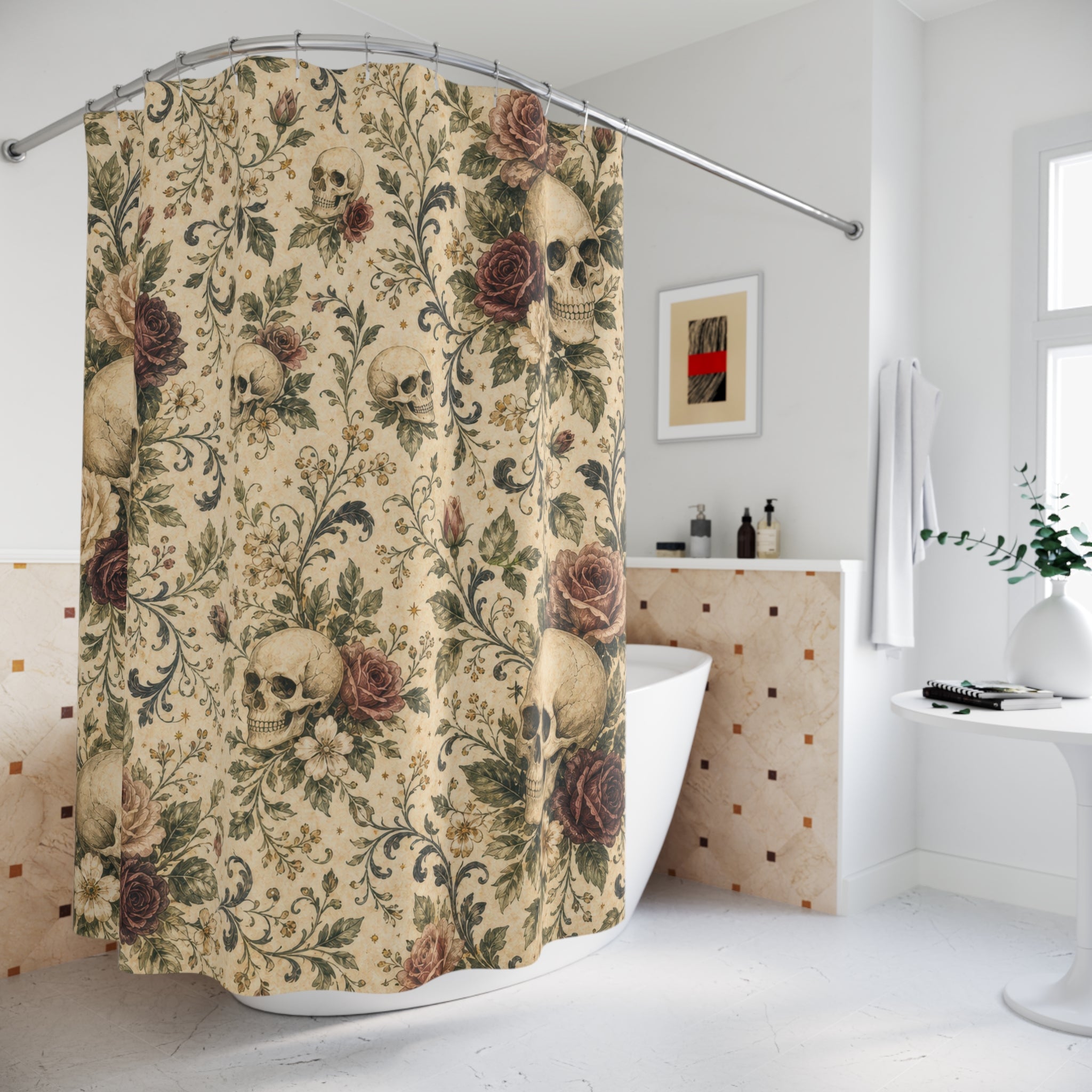Skull Rose Gothic Floral Cottage Cottagecore Beige Black Shower Curtain