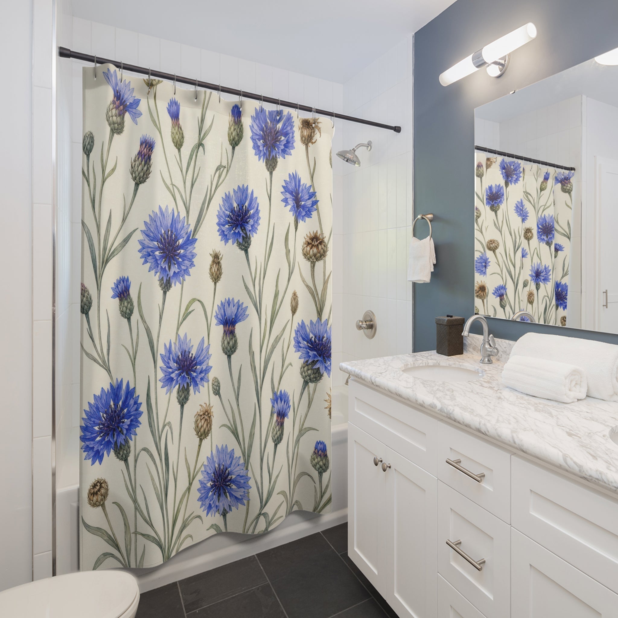 Fresh Blue Cottage Wildflower Botanical Floral Shower Curtain