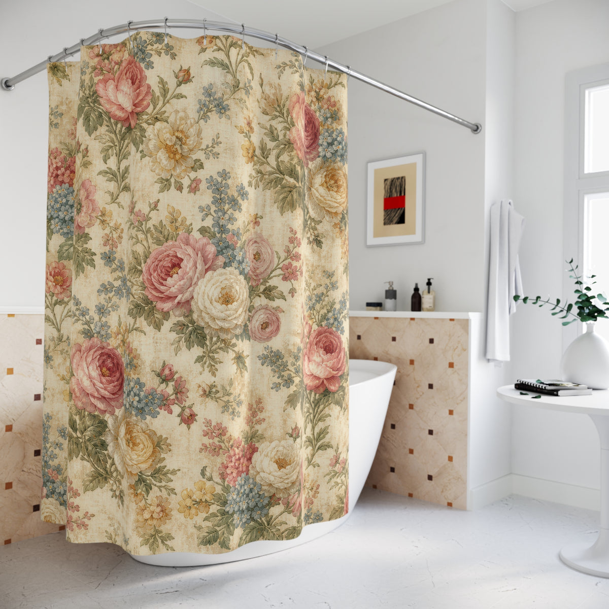 Rose Bouquet vintage floral pattern shower curtain beside a freestanding tub