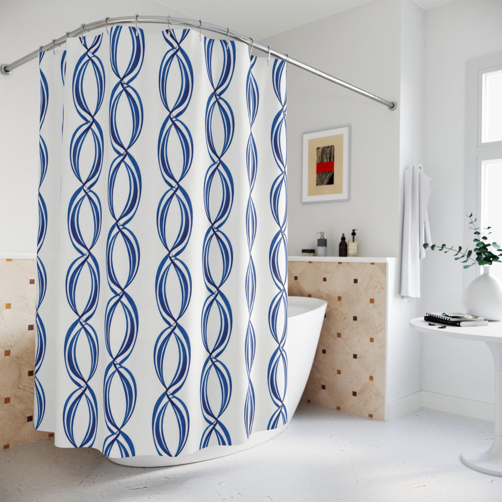 Linked blue oval loops in vertical stripes on white shower curtain beside a freestanding tub