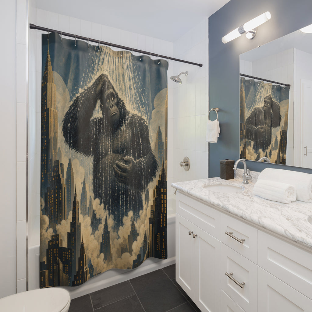 Unique Funny Gorilla Shower Curtain, Giant City Rain Bath Art, Art Deco Skyline Bathroom Humor, Surreal Guest Bath Decor Gift For Home