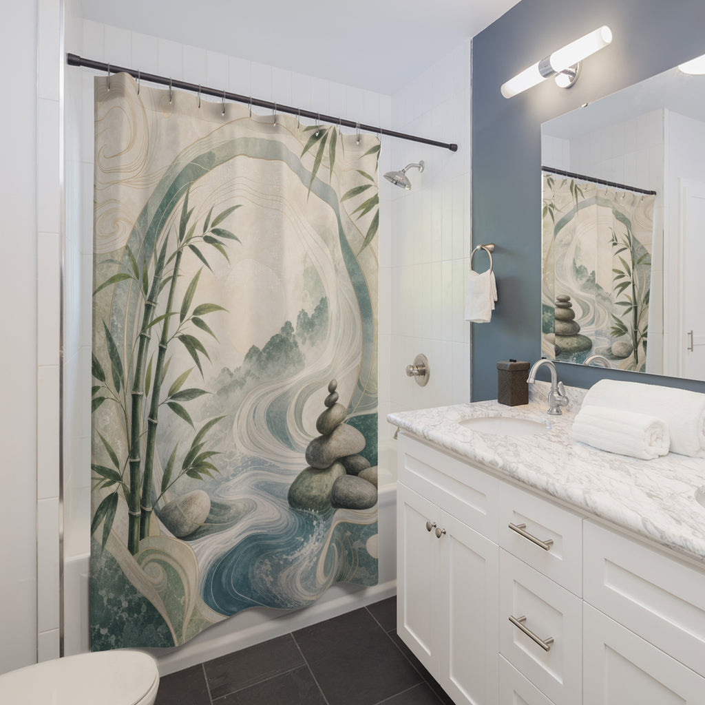 Feng Shui Shower Curtain, Jade Green Water Stone Bath Decor, Bamboo Leaf Circle Pattern, Zen Nature Inspired Guest Bathroom Spa Decor