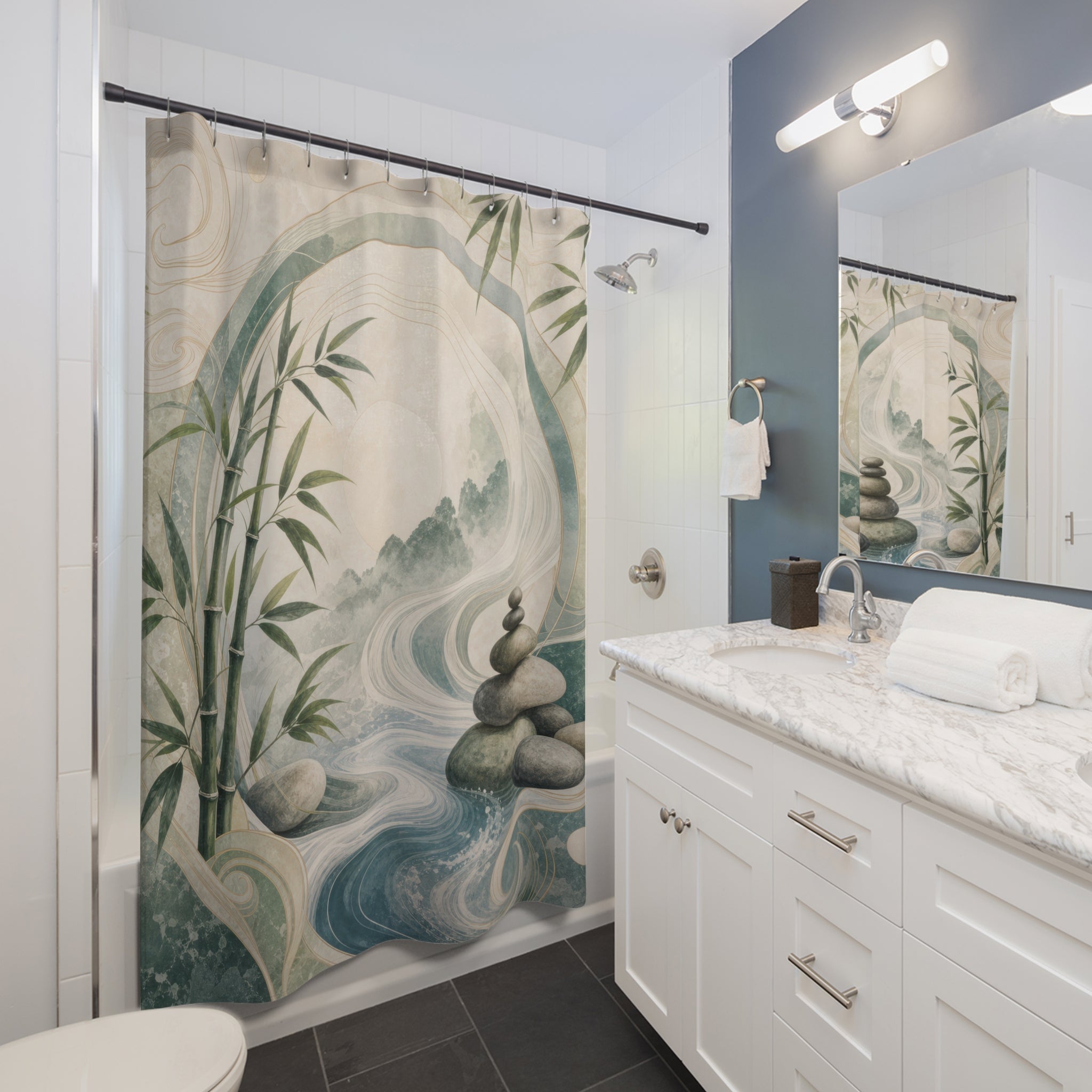 Feng Shui Shower Curtain, Jade Green Water Stone Bath Decor, Bamboo Leaf Circle Pattern, Zen Nature Inspired Guest Bathroom Spa Decor