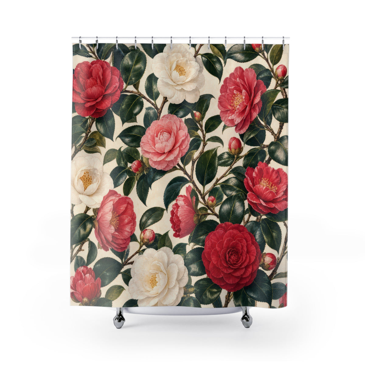 Pink White Botanical Flower red shower curtain with full front view