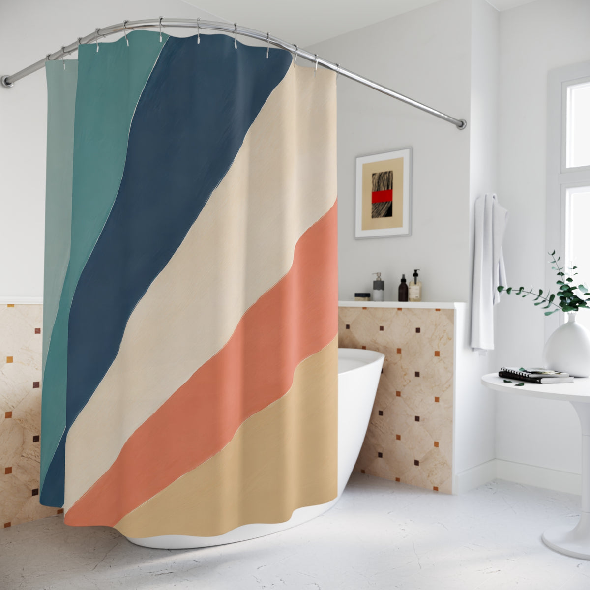 Radiating wide teal navy coral gold and cream stripes shower curtain beside a freestanding tub