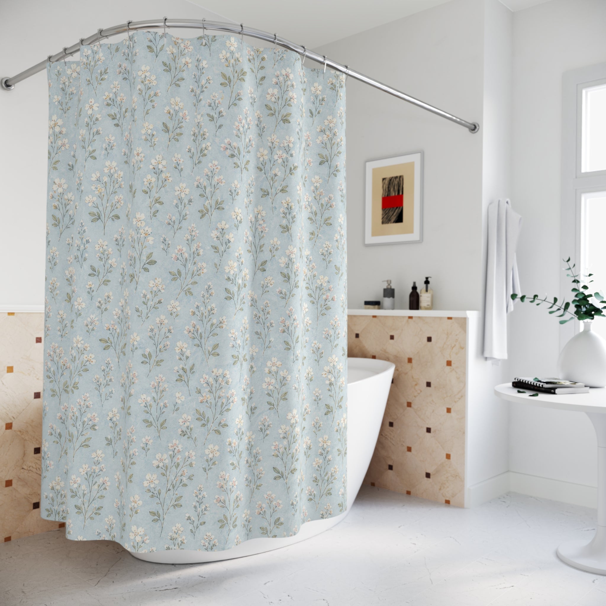 Pale Aqua Ditsy Floral Shower Curtain
