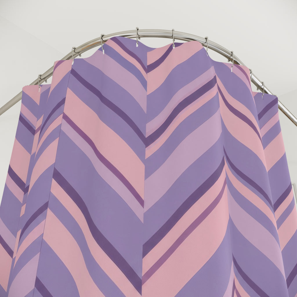 Lavender and blush pink herringbone stripes shower curtain with close-up print, hooks, and folds