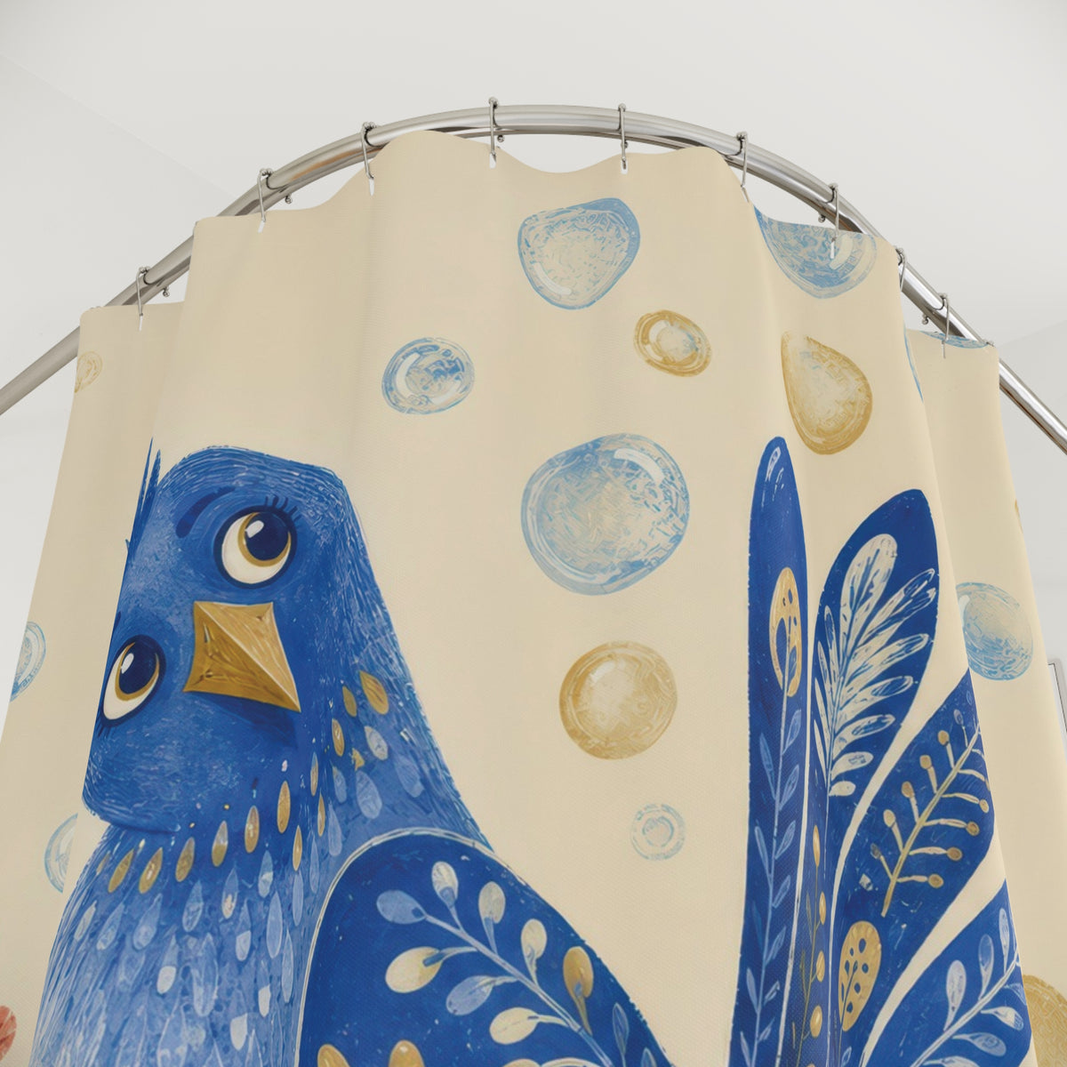 Funny Blue Bird Whimsical Bathroom Decor Floral Bath Curtain shower curtain beside a white vanity