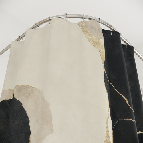 Abstract Stone Black Gold shower curtain with close-up print, hooks, and folds