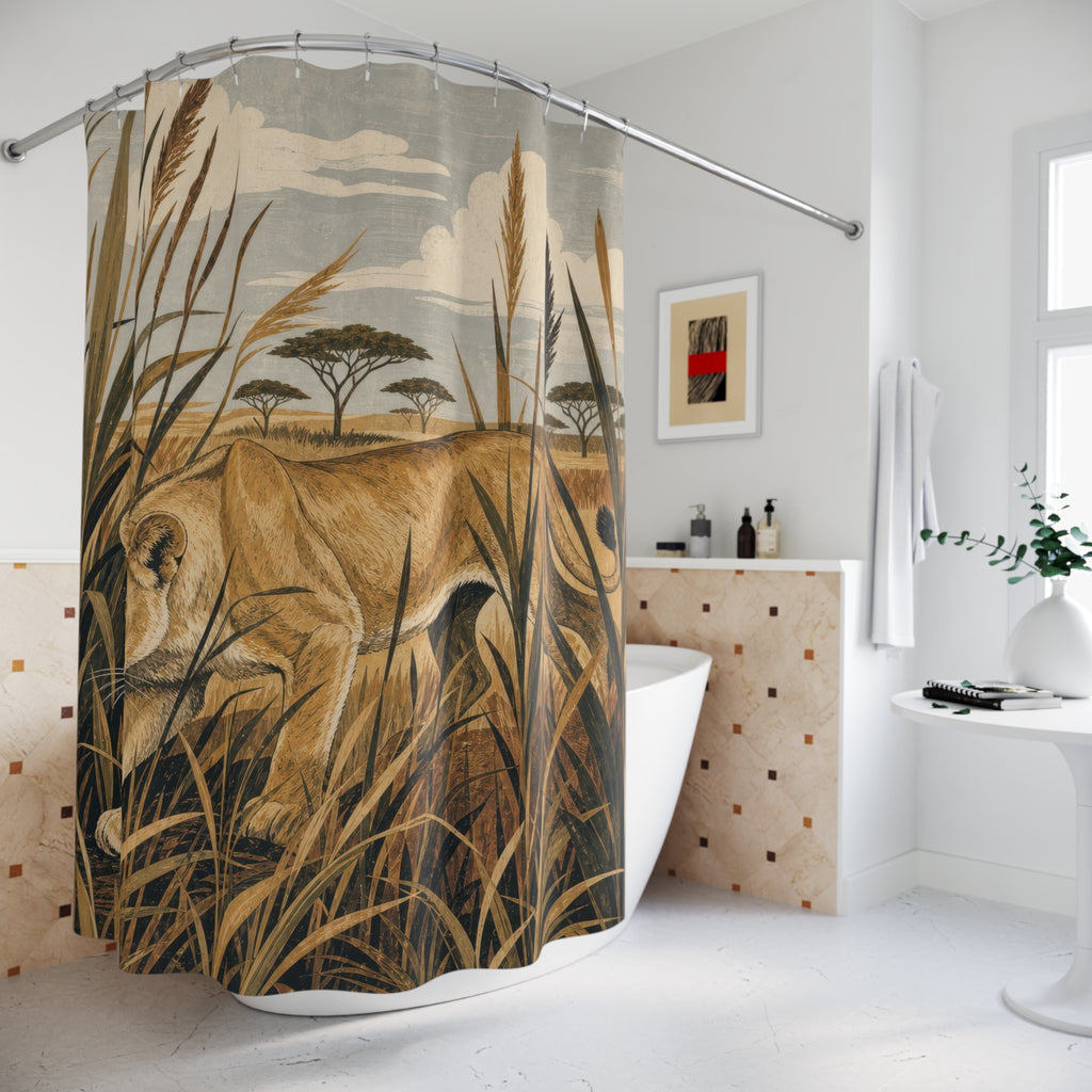 Lioness Reeds Safari Animal Scene Shower Curtain