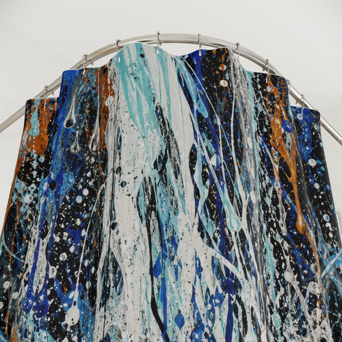 Action Painting Waterfall Print abstract shower curtain with close-up print, hooks, and folds