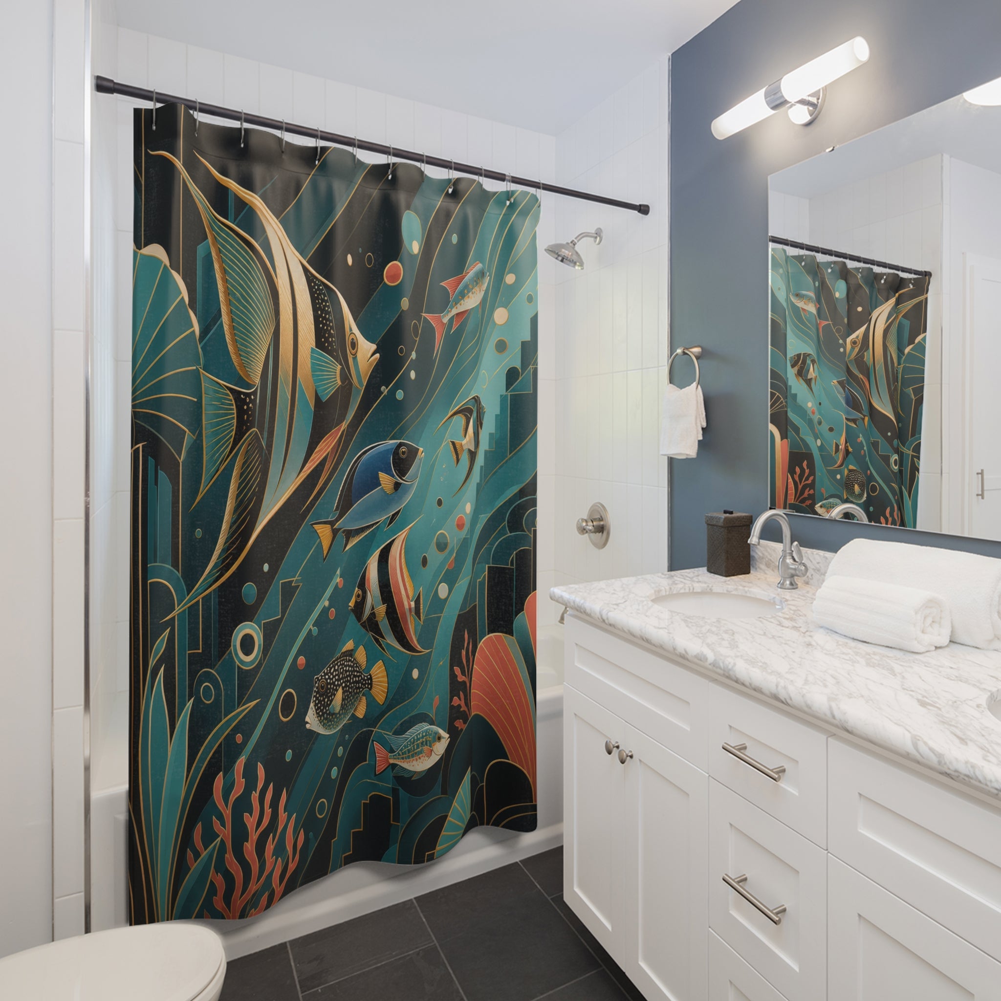 Tropical fish in teal Neo Art Deco currents and coral shower curtain beside a white vanity