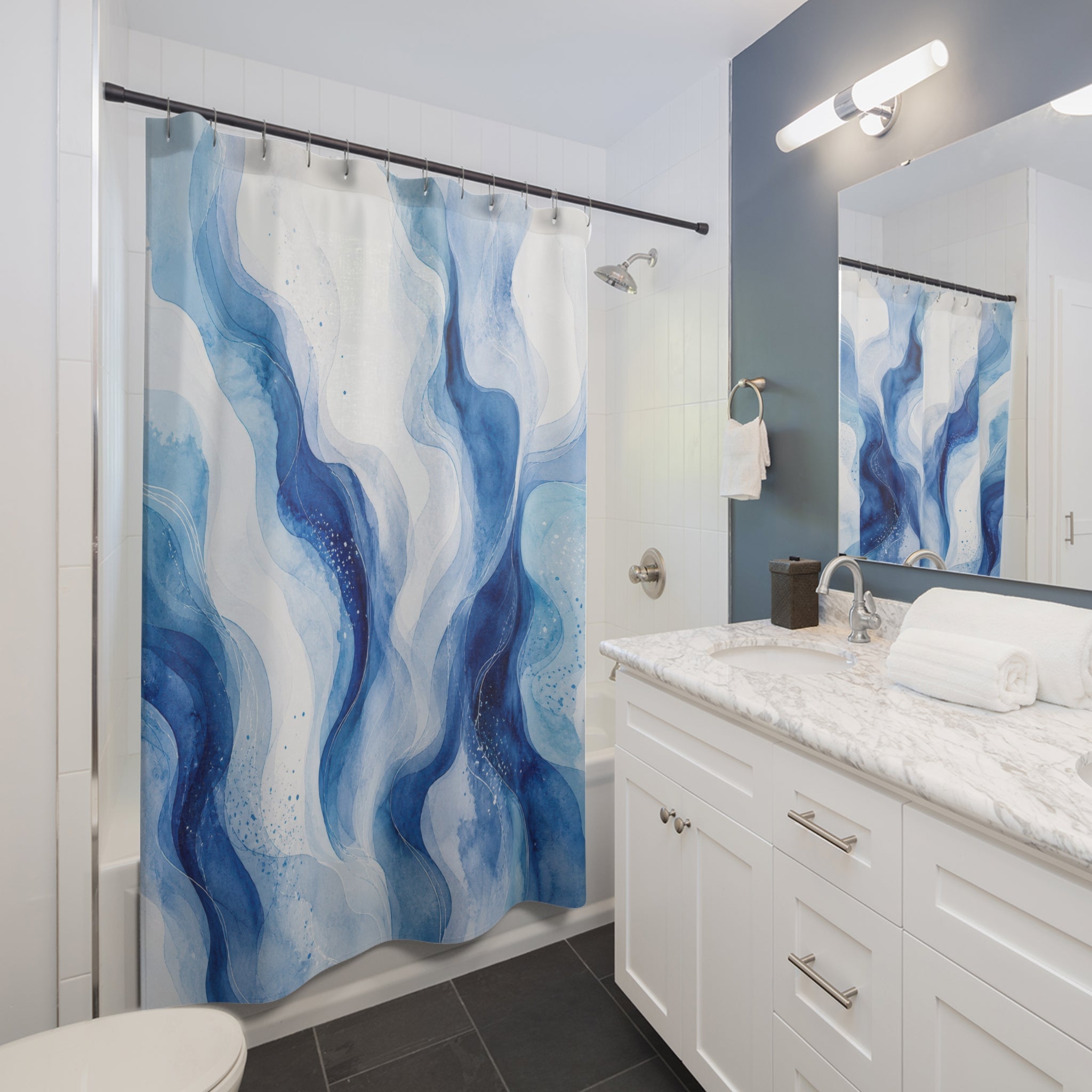 Blue Watercolor Marble Shower Curtain