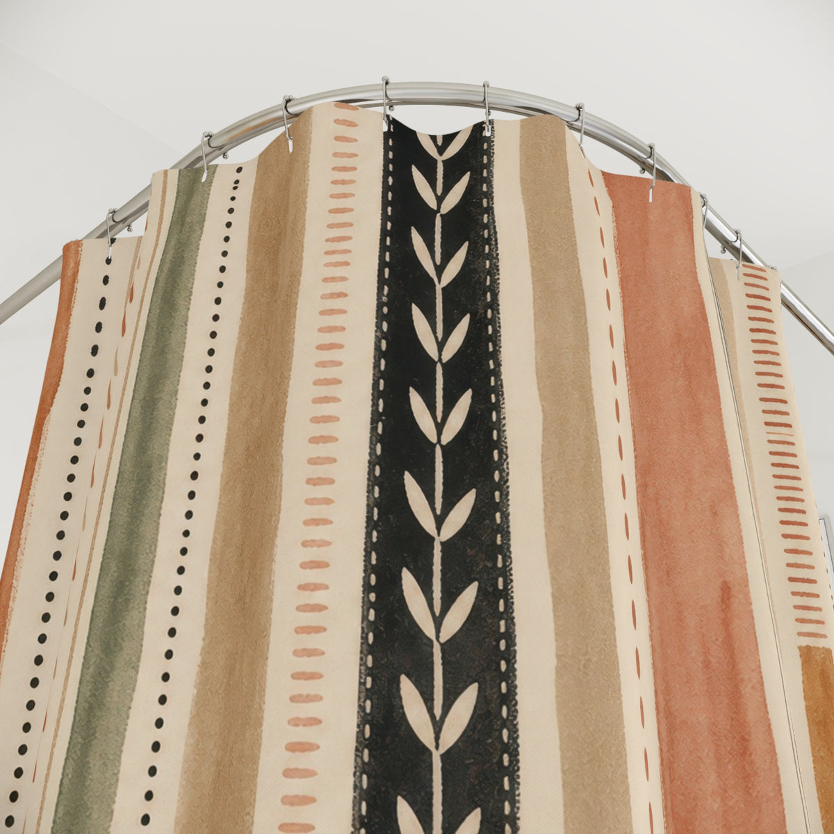 Olive Green Terracotta Geometric Stripe Shower Curtain