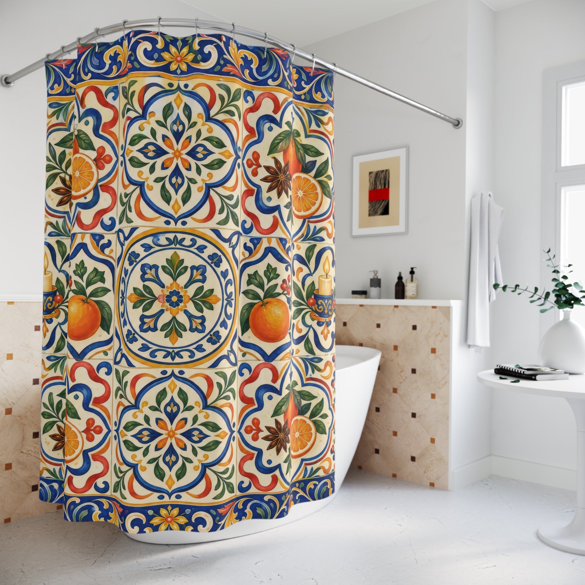 Christmas Citrus Shower Curtain, Cobalt Orange Mediterranean Holiday Pattern, Saffron Evergreen Winter Bathroom Decor, Festive Guest Bath