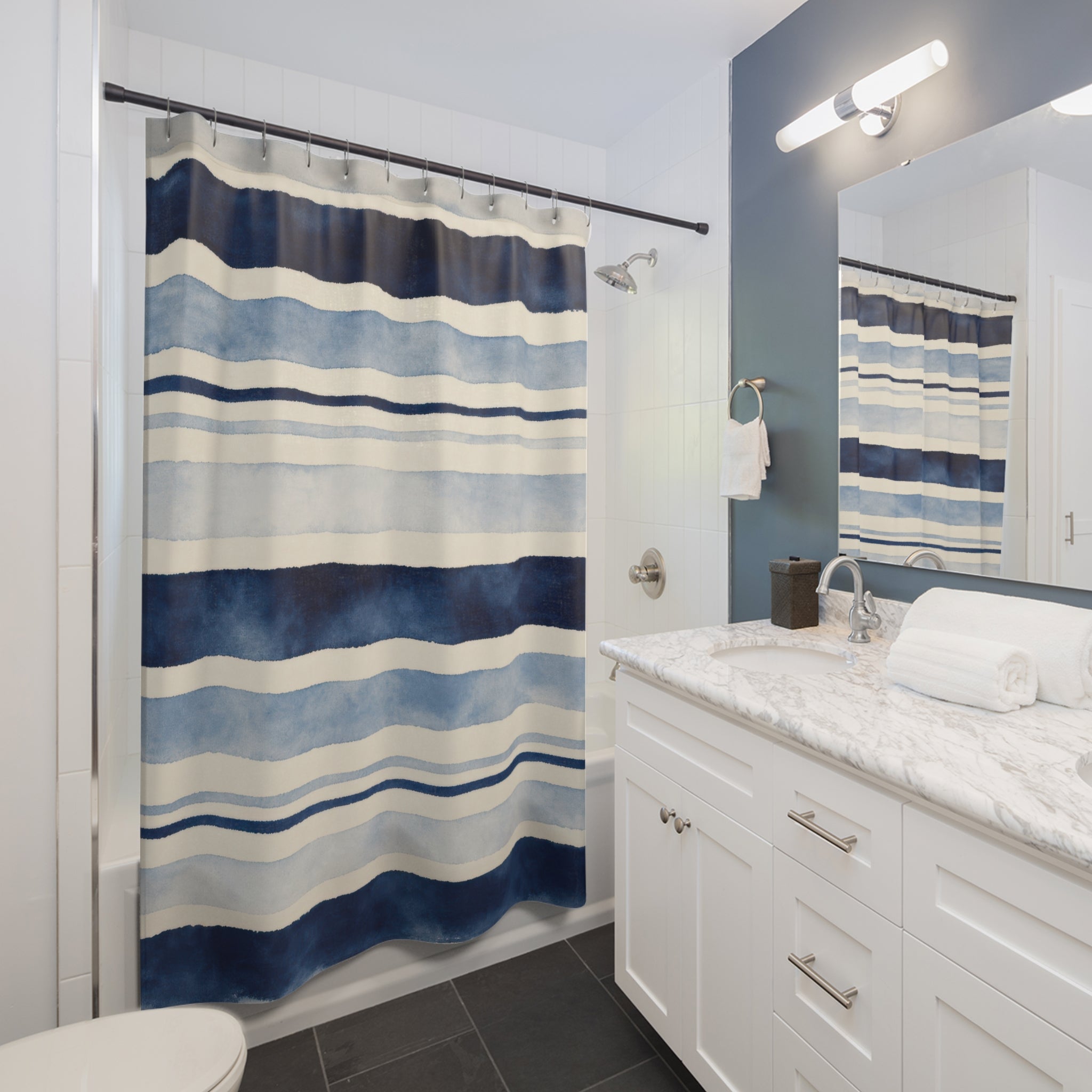 Navy Blue Cream Watercolor Horizontal Stripe Shower Curtain