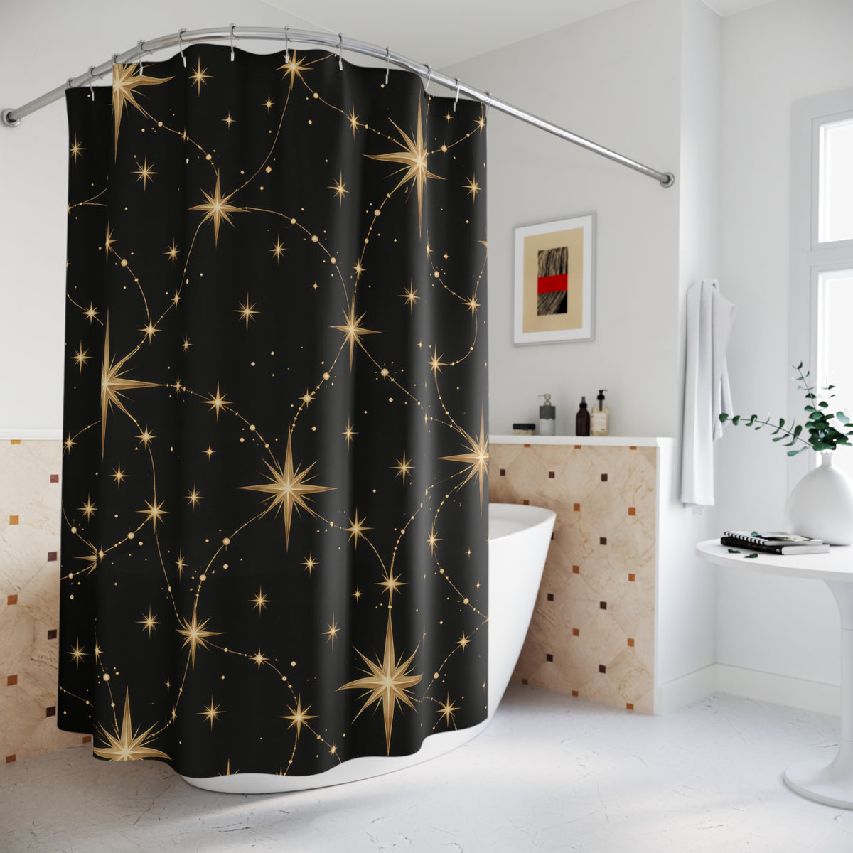Gold radiant stars linked by fine paths on black shower curtain beside a freestanding tub