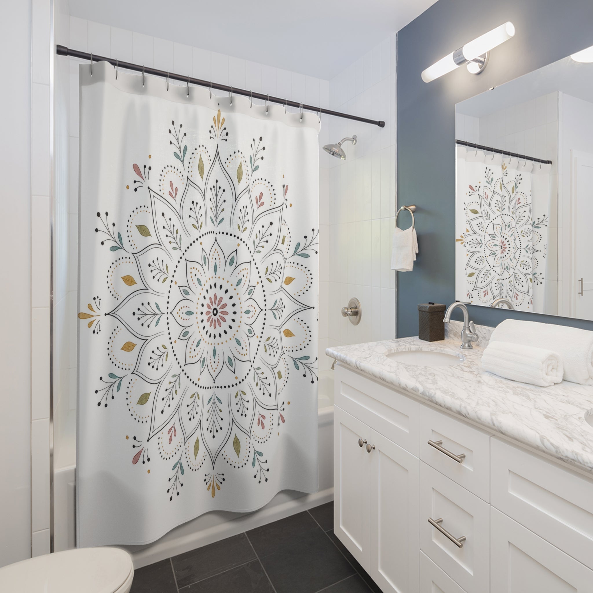 White Floral Medallion Shower Curtain