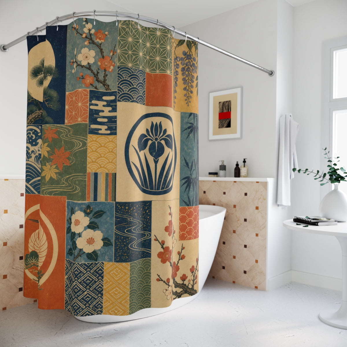 Japanese seasonal crest patchwork with cranes waves and blossoms shower curtain beside a freestanding tub