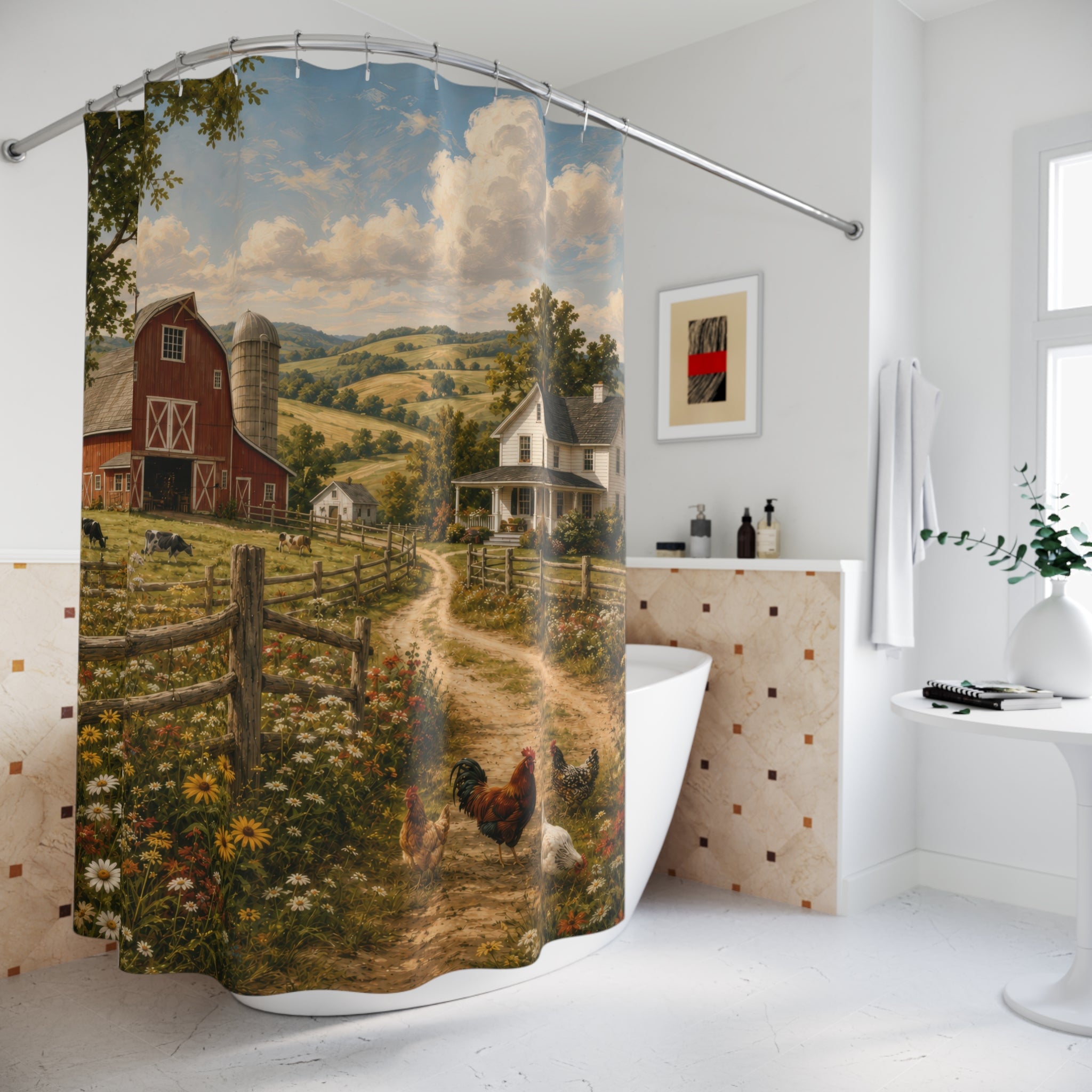Red Barn Shower Curtain: Farmhouse Fields