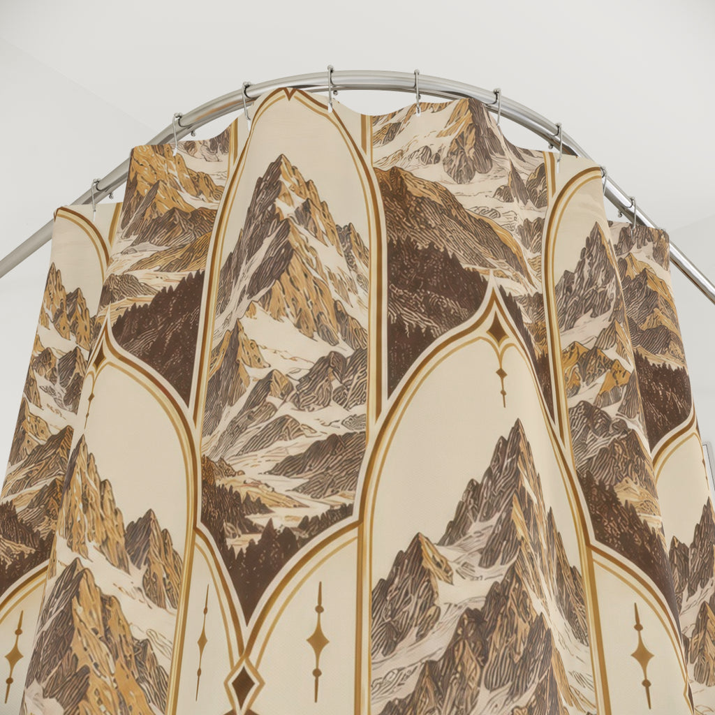 Ochre and brown mountains framed by pointed cream arches shower curtain with close-up print, hooks, and folds