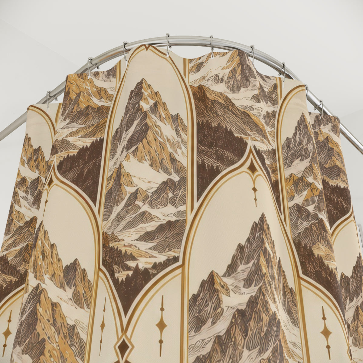Ochre and brown mountains framed by pointed cream arches shower curtain with close-up print, hooks, and folds