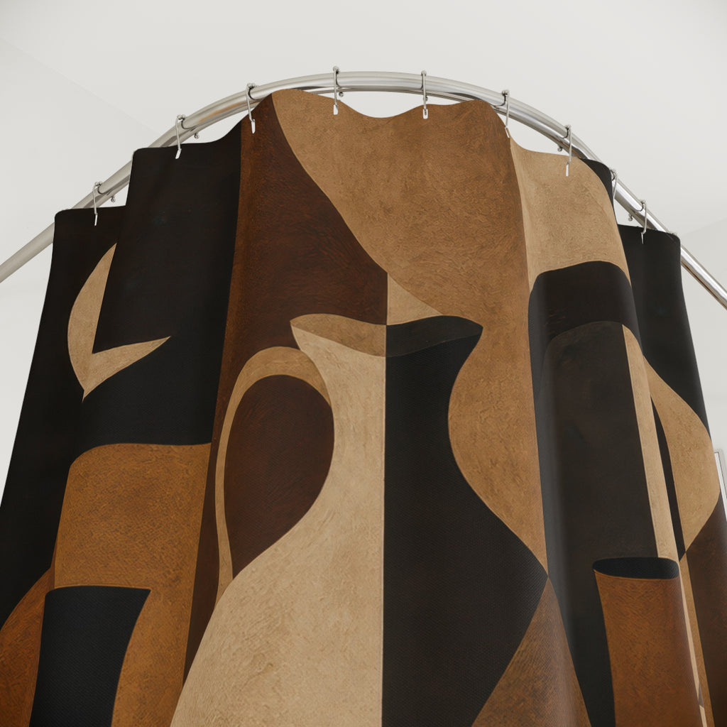 Bauhaus Shower Curtain, Black Brown Geometric Bath Decor, Mid Century Shape Collage, Retro Warm Neutral Guest Bathroom Decor Style