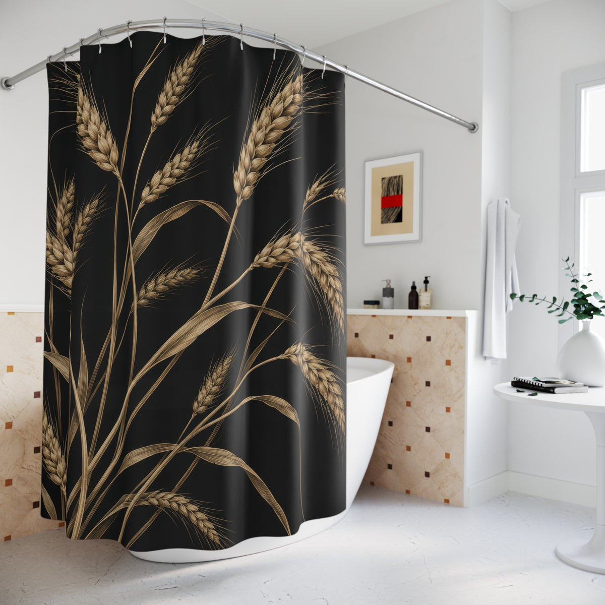 Tan wheat stalks and leaves on black shower curtain beside a freestanding tub