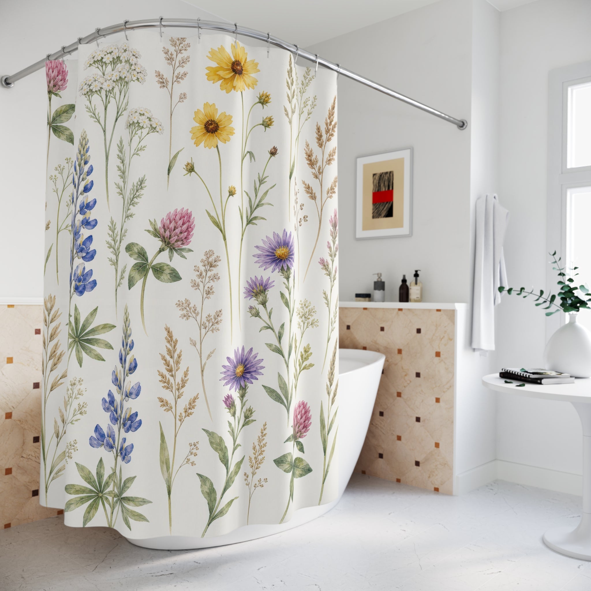 Blue Yellow Wildflower Stem Shower Curtain