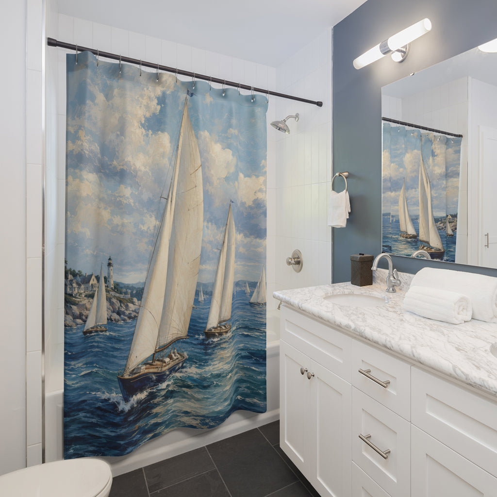 Sailboat Shower Curtain: Navy Coastal Seascape