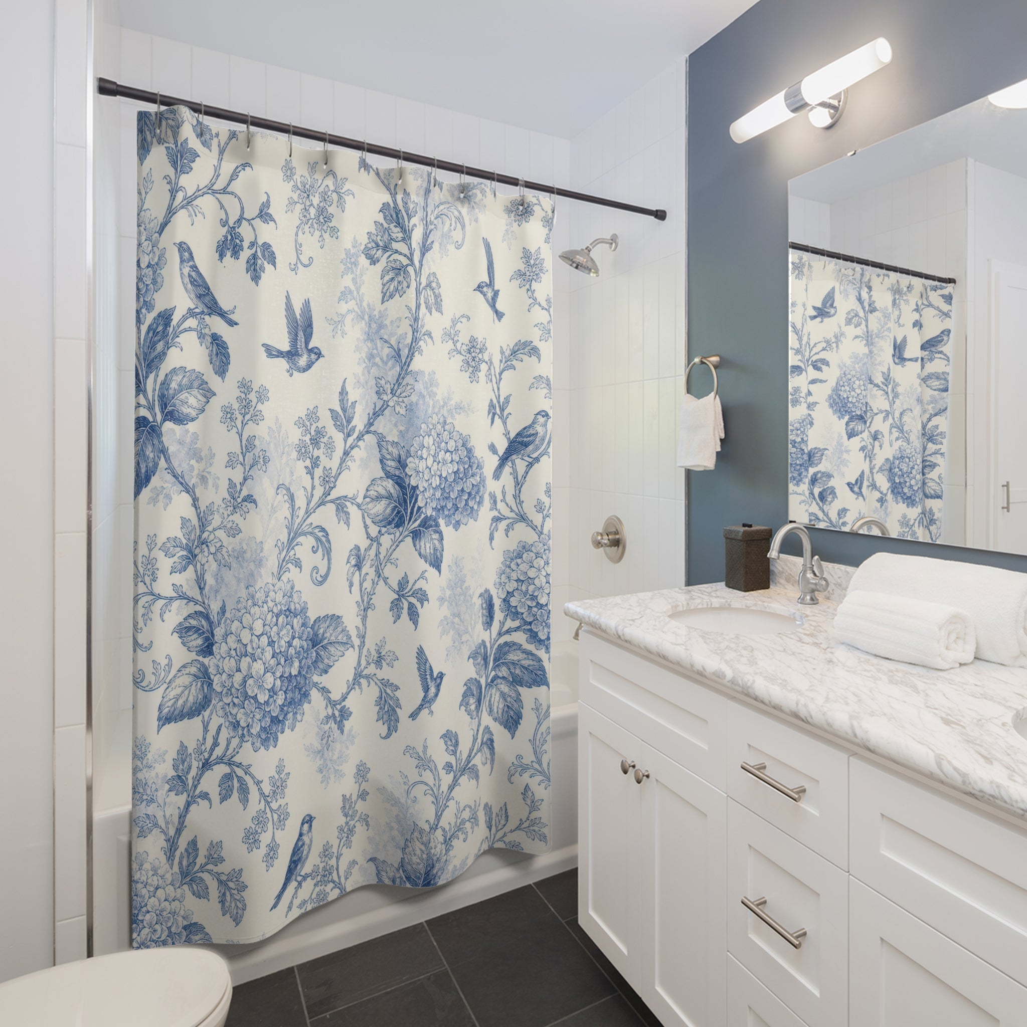 Blue Bird Toile Floral Vintage White Cottage Shower Curtain