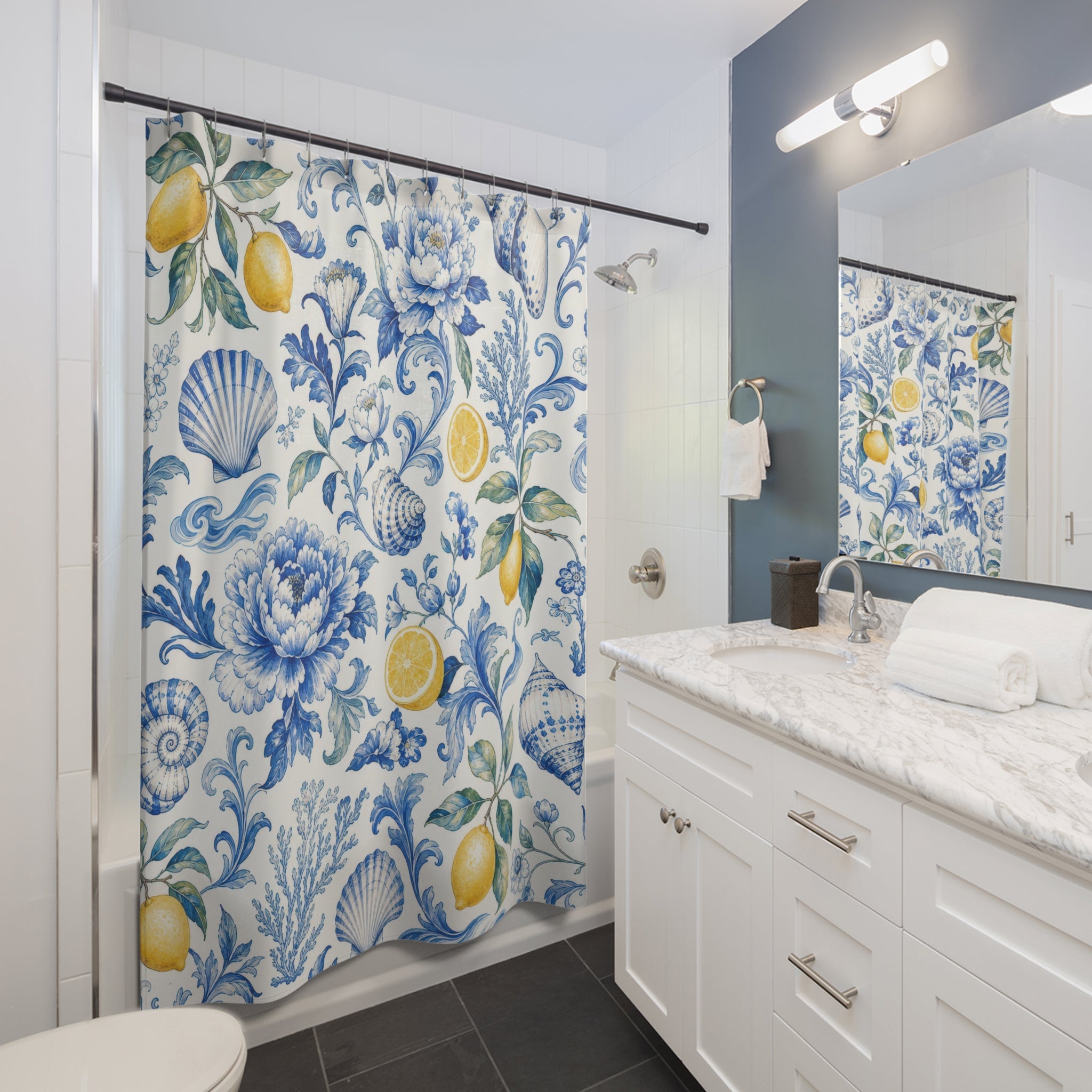 Blue Lemon Toile Shower Curtain