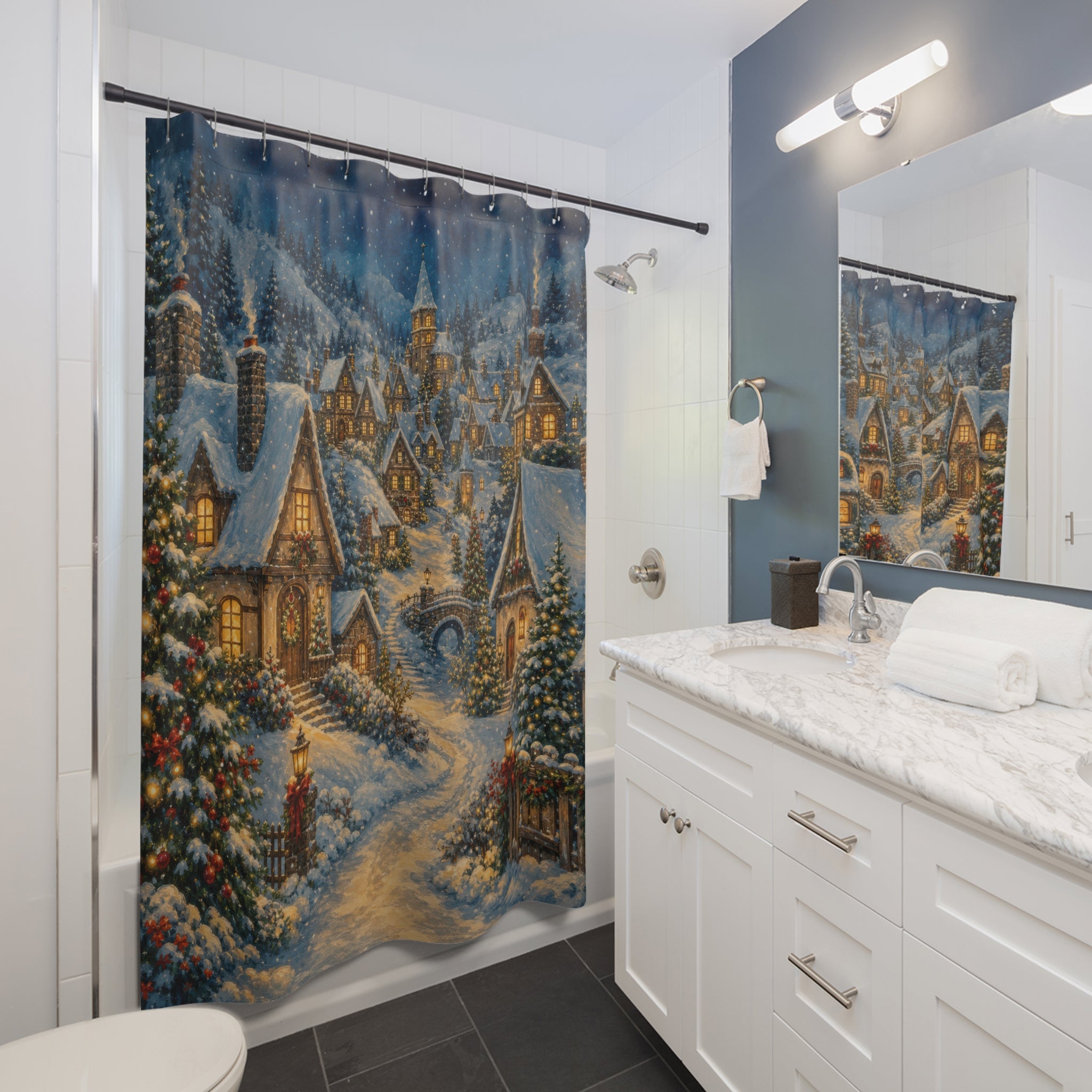 Snowy Blue Storybook Village Shower Curtain