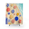 Colorful beach umbrellas beside pale aqua surf shower curtain, full front view
