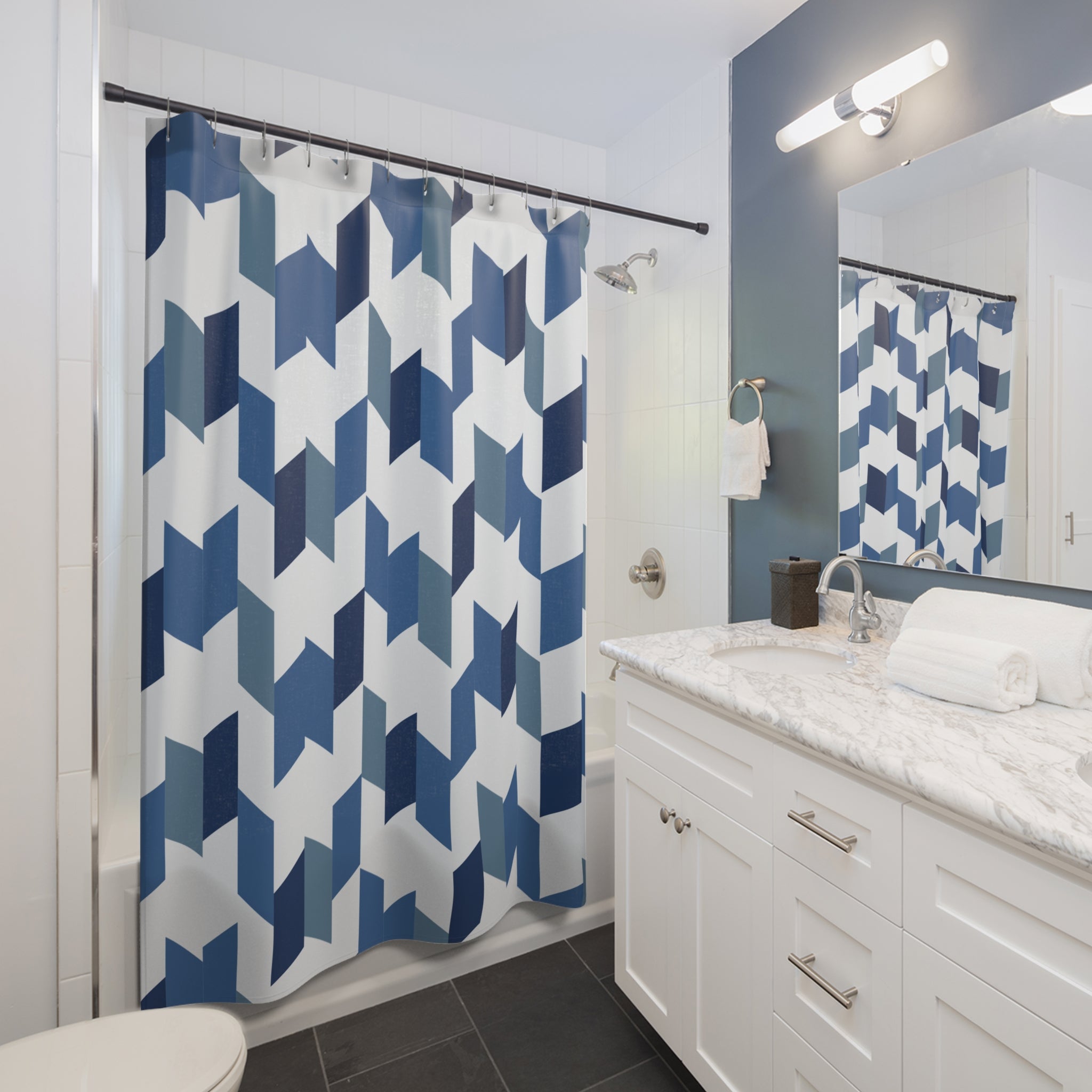 Navy and Steel Blue Herringbone Shower Curtain
