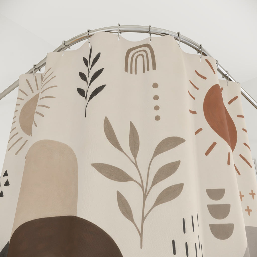 Neutral Boho Shower Curtain, Terracotta Arch and Clay Vessel Art