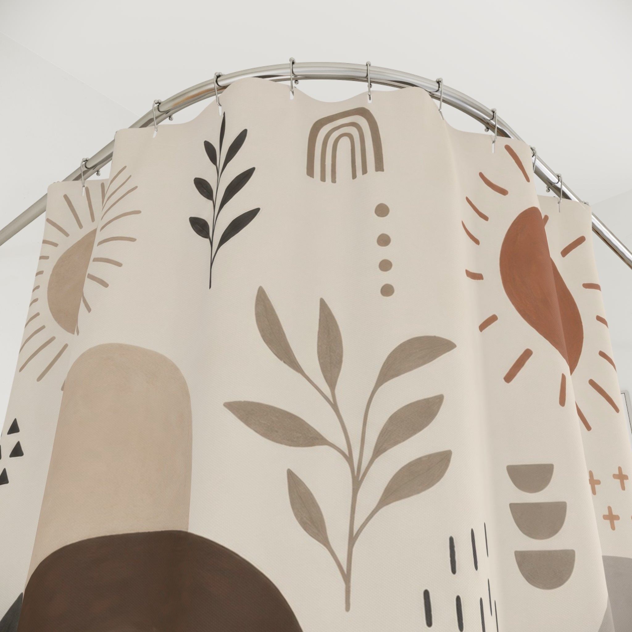 Neutral Boho Shower Curtain, Terracotta Arch and Clay Vessel Art