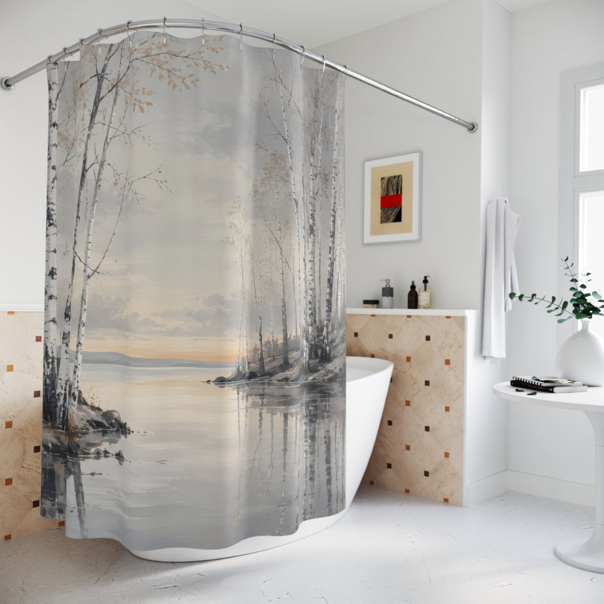 White birch trees beside a pearl-grey lake shower curtain beside a freestanding tub